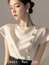 Women Premium Satin Pearl Decor Short Sleeves Tops